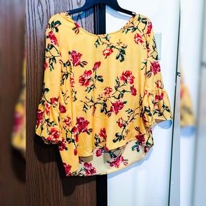 Bright Yellow Floral Blouse with Flare Sleeves